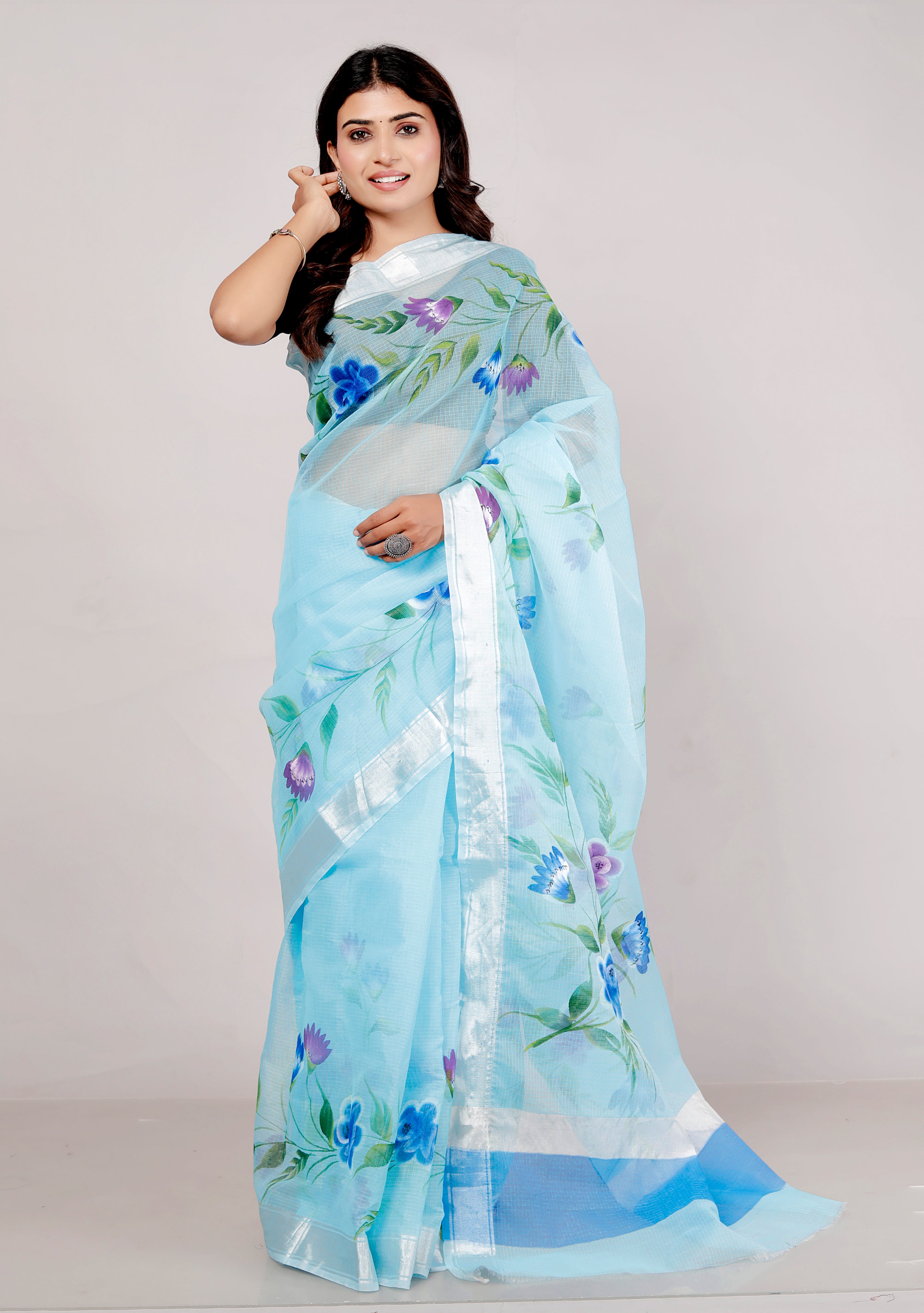 RAJGLOBAL Kota Doria Hand Painting Saree cotton blend_blue (blue)