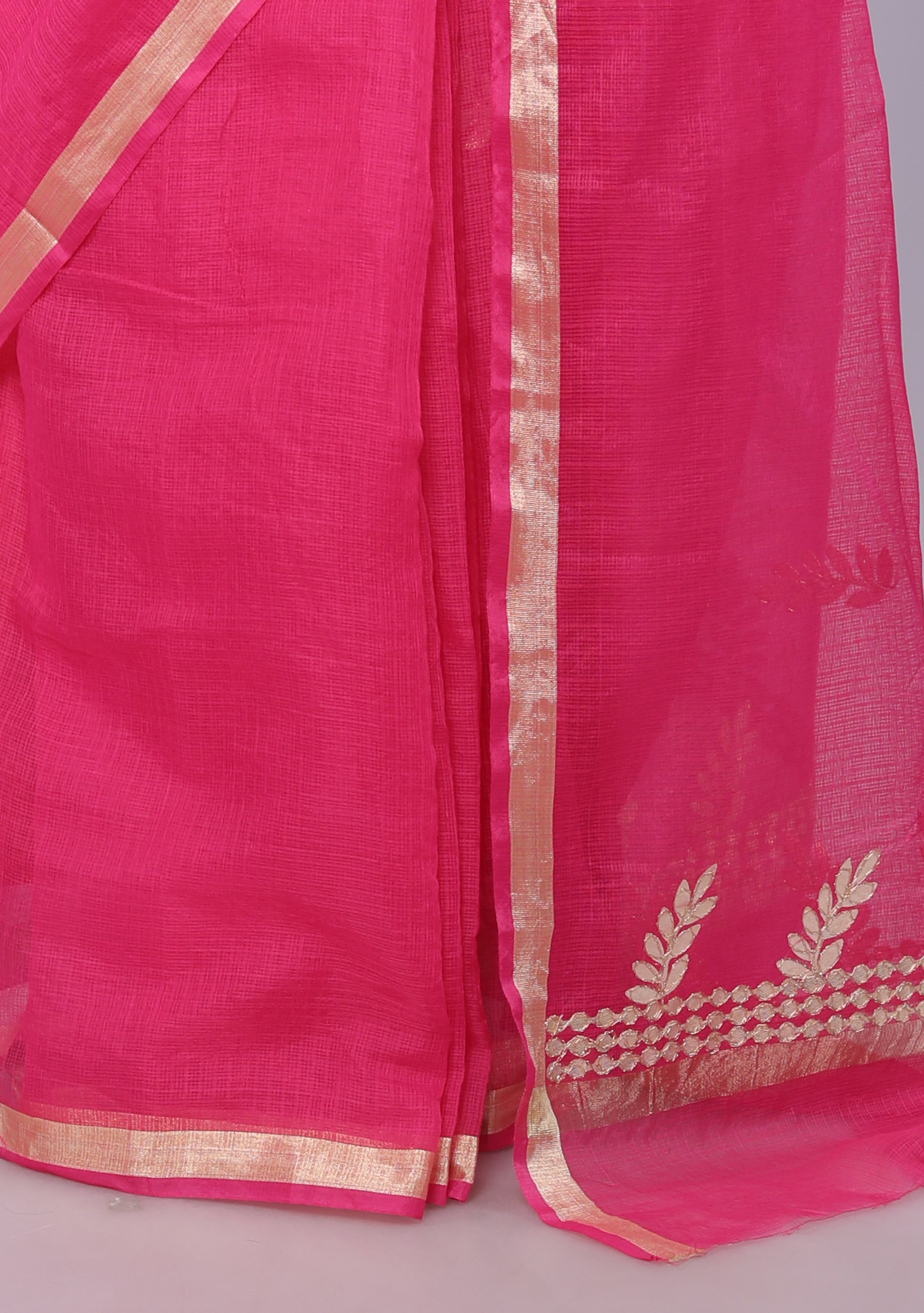 RAJGLOBAL Kota Doria Gota Patti Saree with Unstitched Blouse Pink
