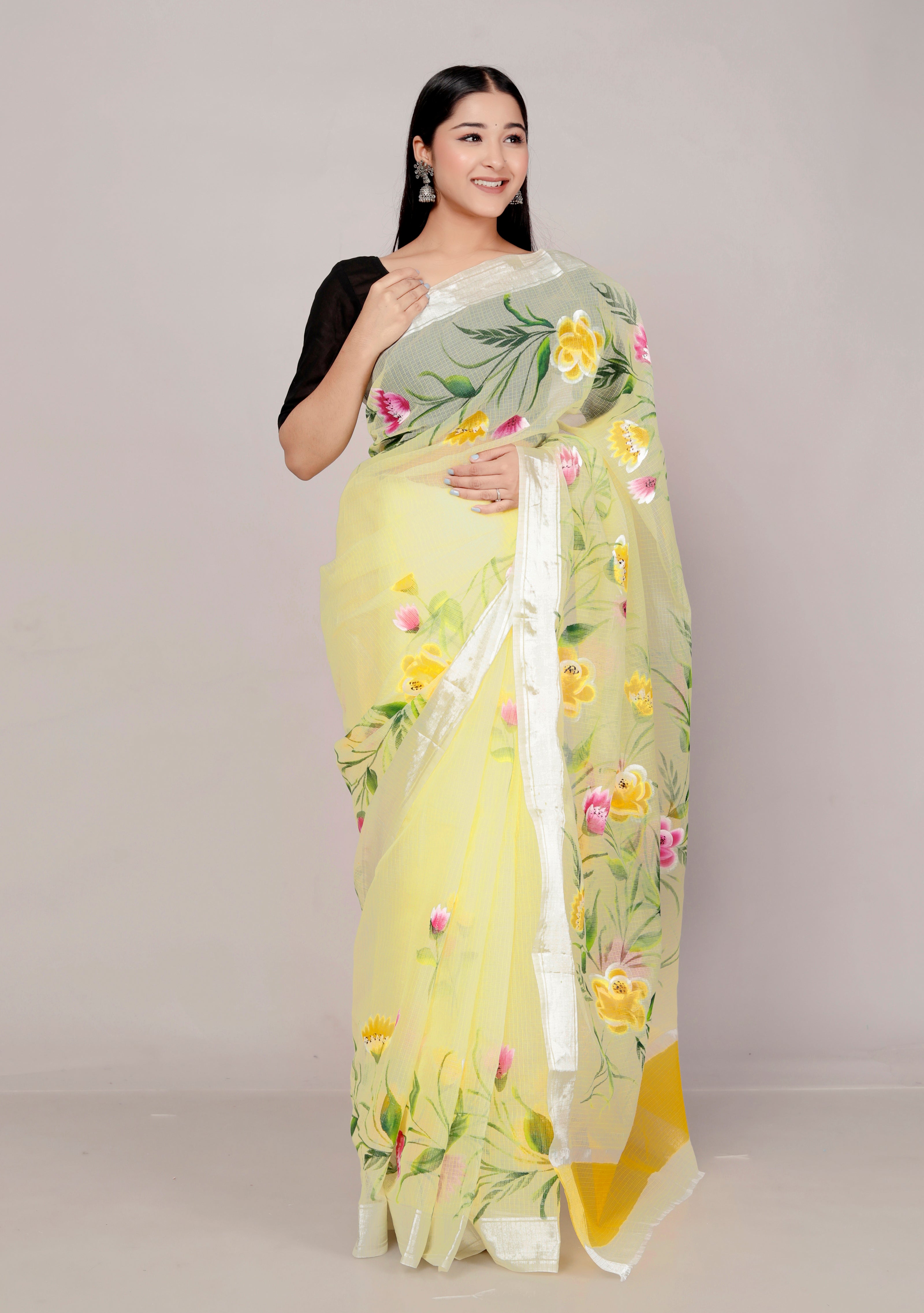 RAJGLOBAL Kota Doria Hand Painting Saree cotton blend