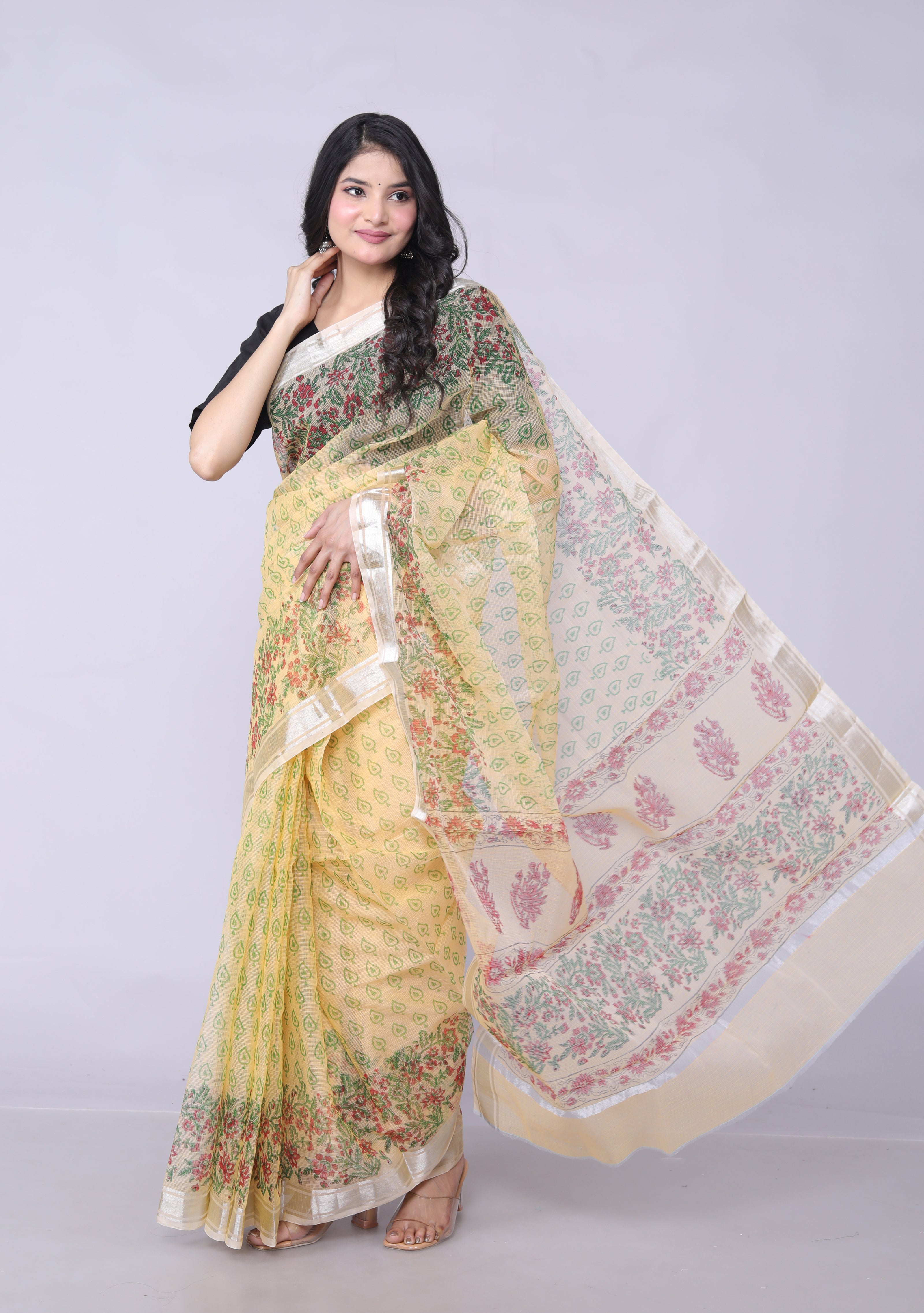 RAJGLOBAL Kota Doria Hand Block Printed Pink Saree with (yellow_greenish)