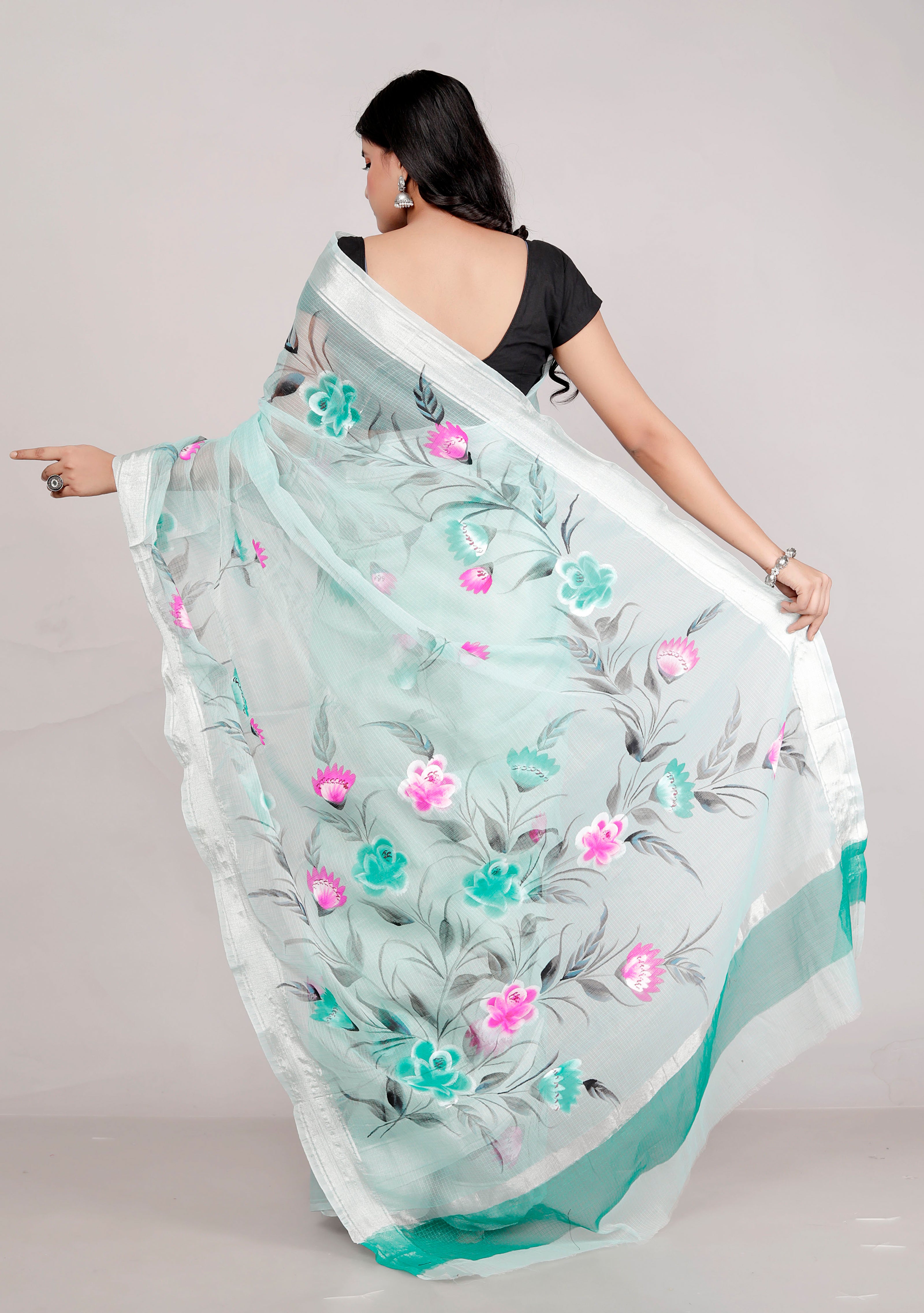 RAJGLOBAL Kota Doria Hand Painting Saree cotton blend_blue (Lavender Green)
