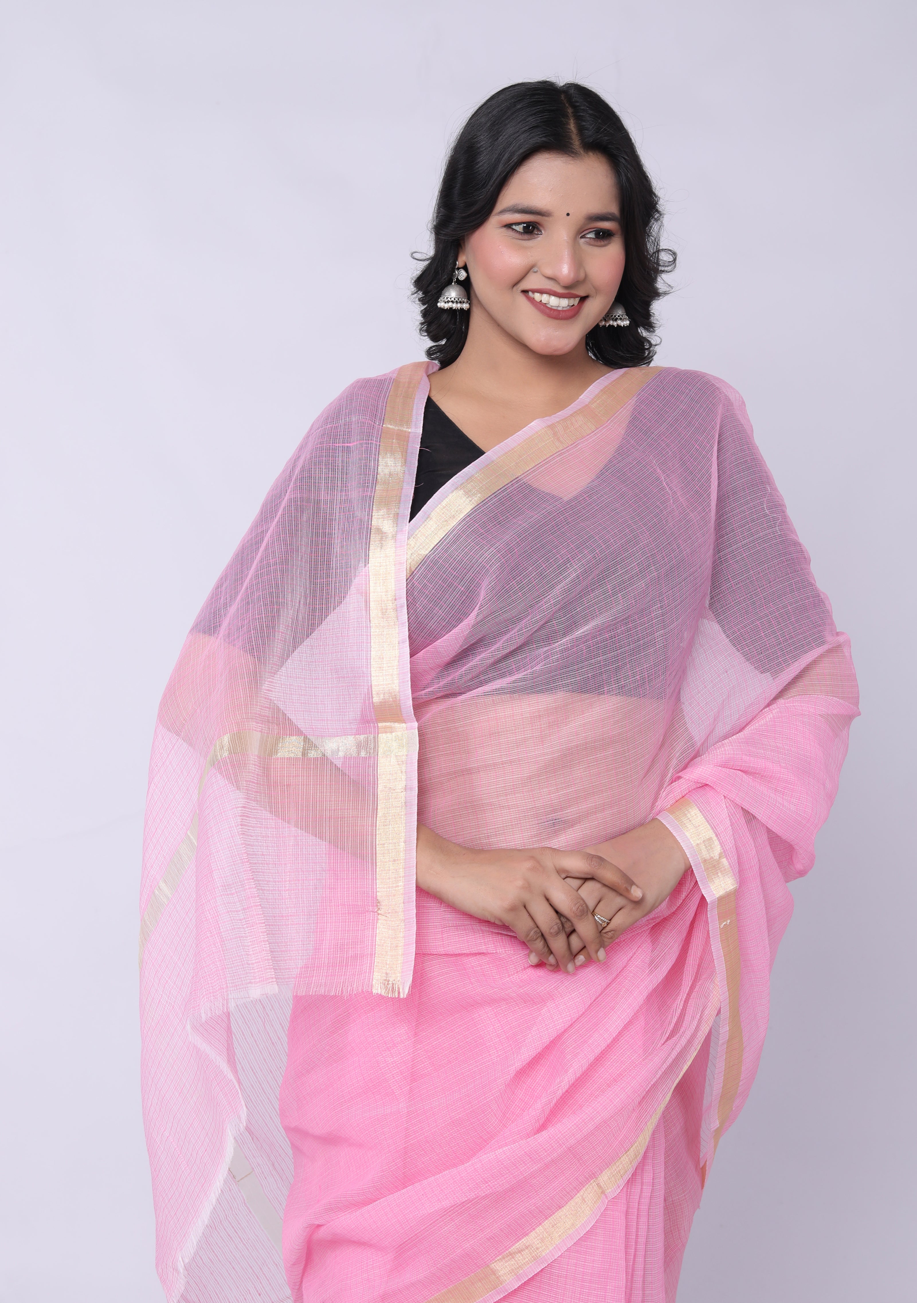 RAJGLOBAL Women's Plain Kota Doria Pure Cotton Saree with Unstiched Blouse Piece Light Pink