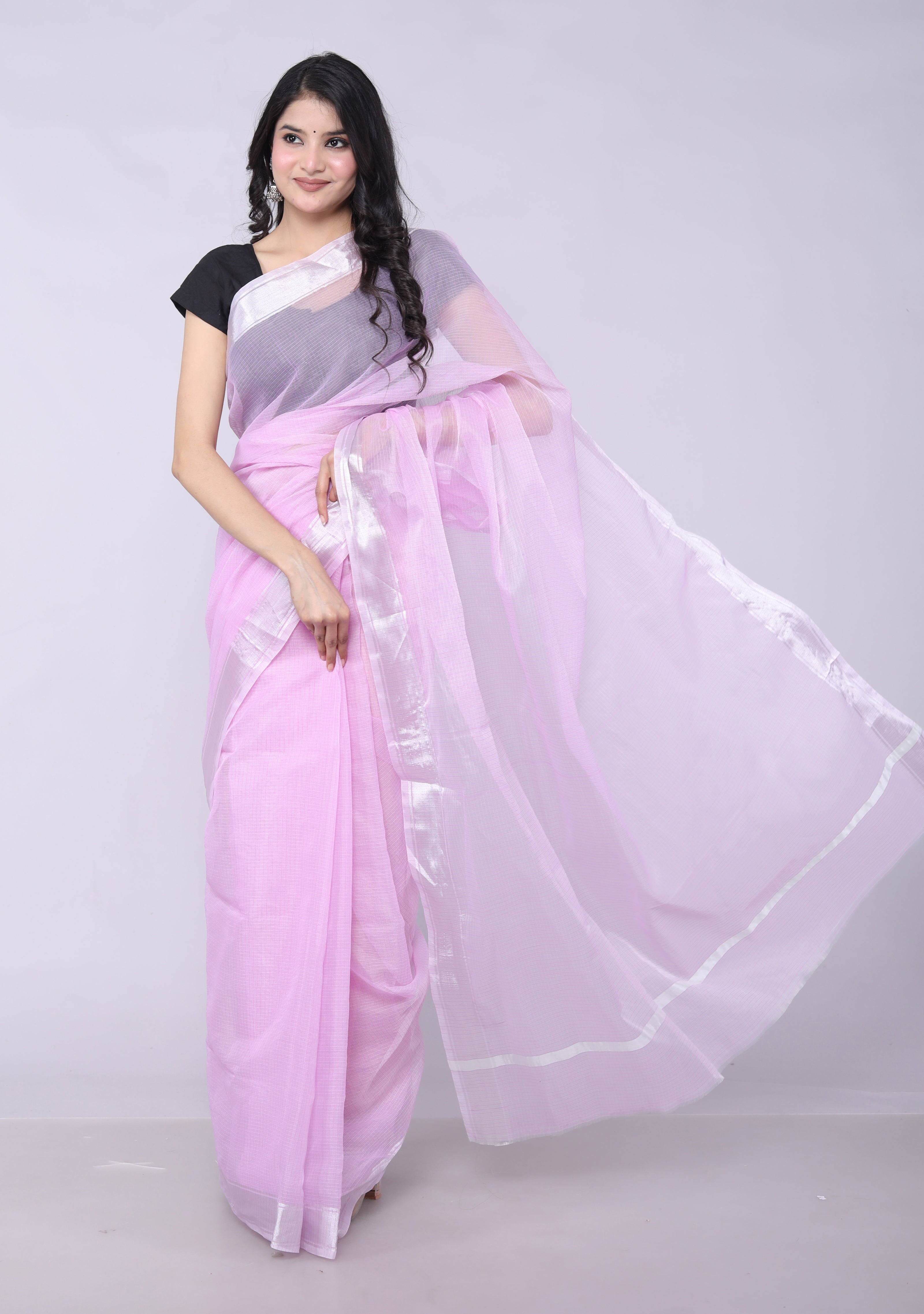 RAJGLOBAL Women's Plain Kota Doria Cotton blend Saree With Unstiched Blouse Piece bright zari