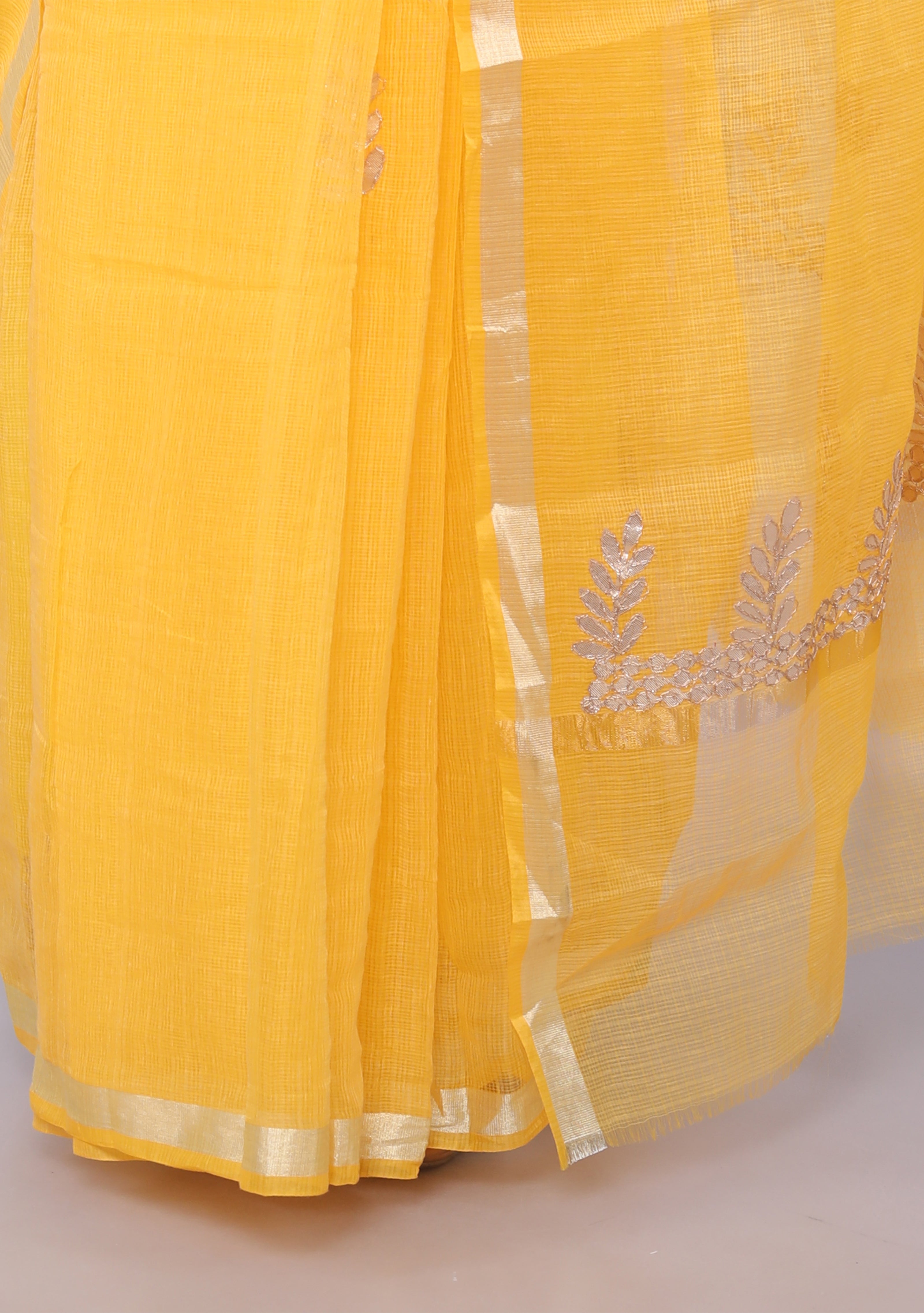 RAJGLOBAL Kota Doria Gota Patti Saree with Unstitched Blouse Yellow