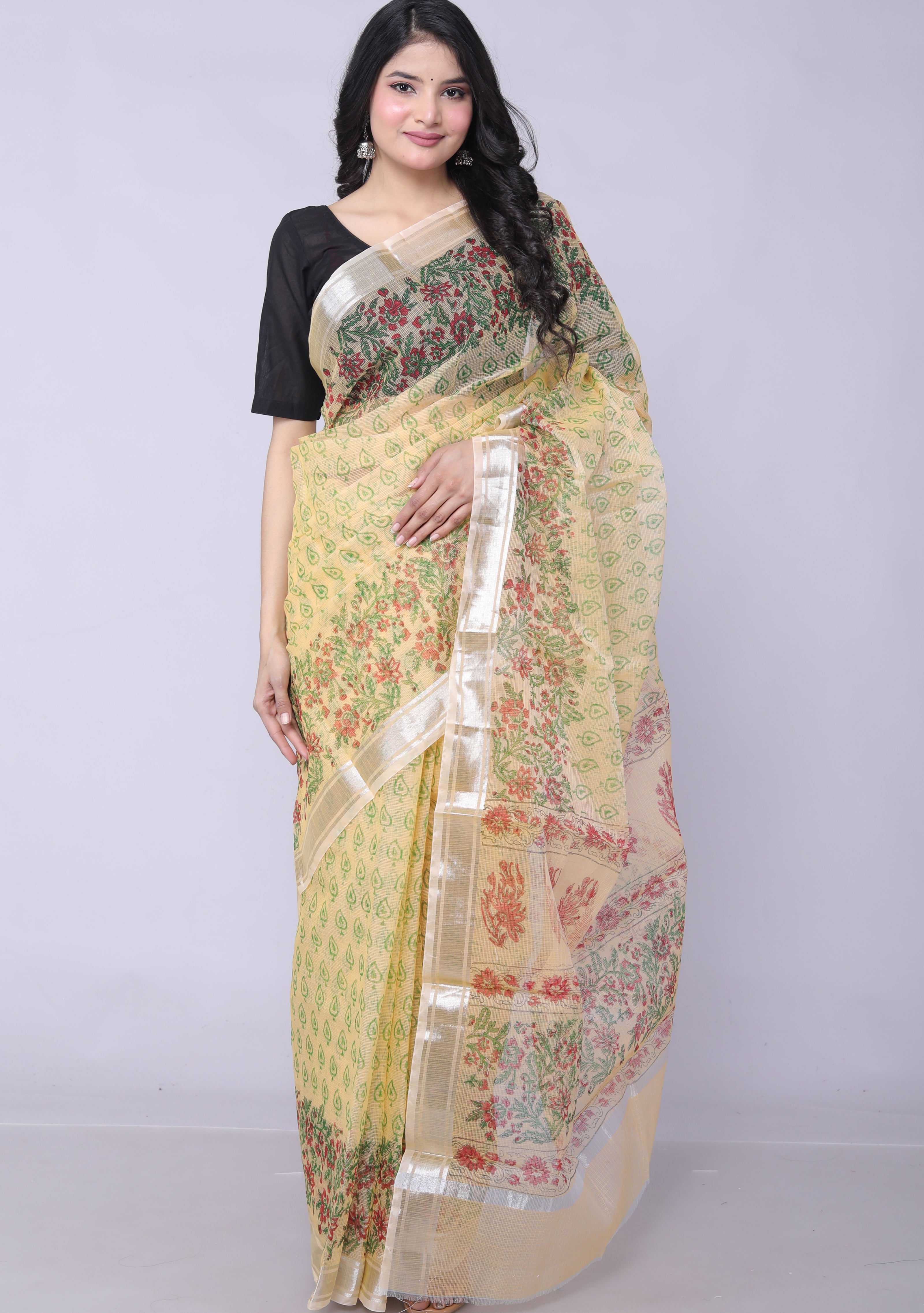 RAJGLOBAL Kota Doria Hand Block Printed Pink Saree with (yellow_greenish)