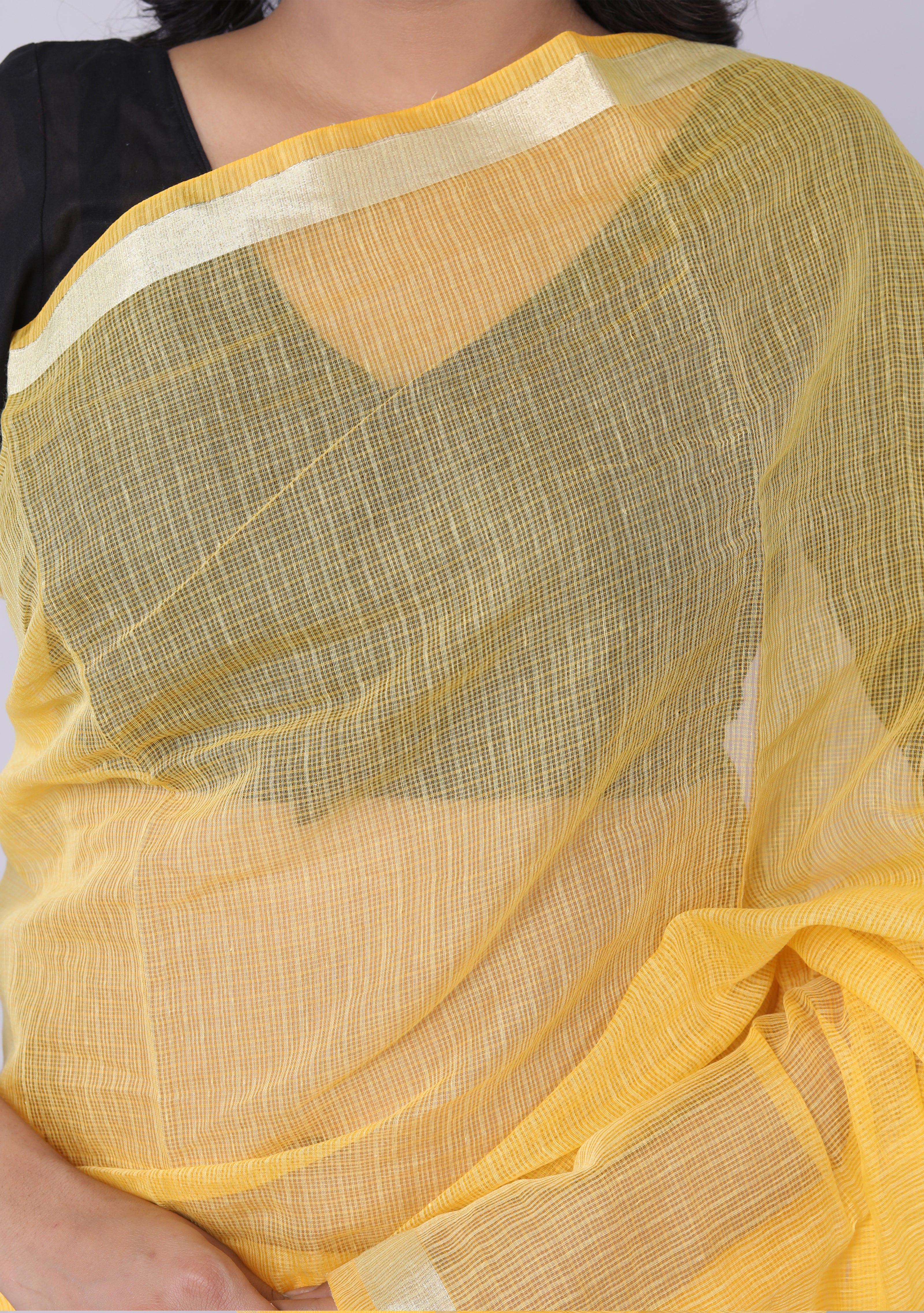 RAJGLOBAL Women's Plain Kota Doria Pure Cotton Saree with Unstiched Blouse Piece Yellow