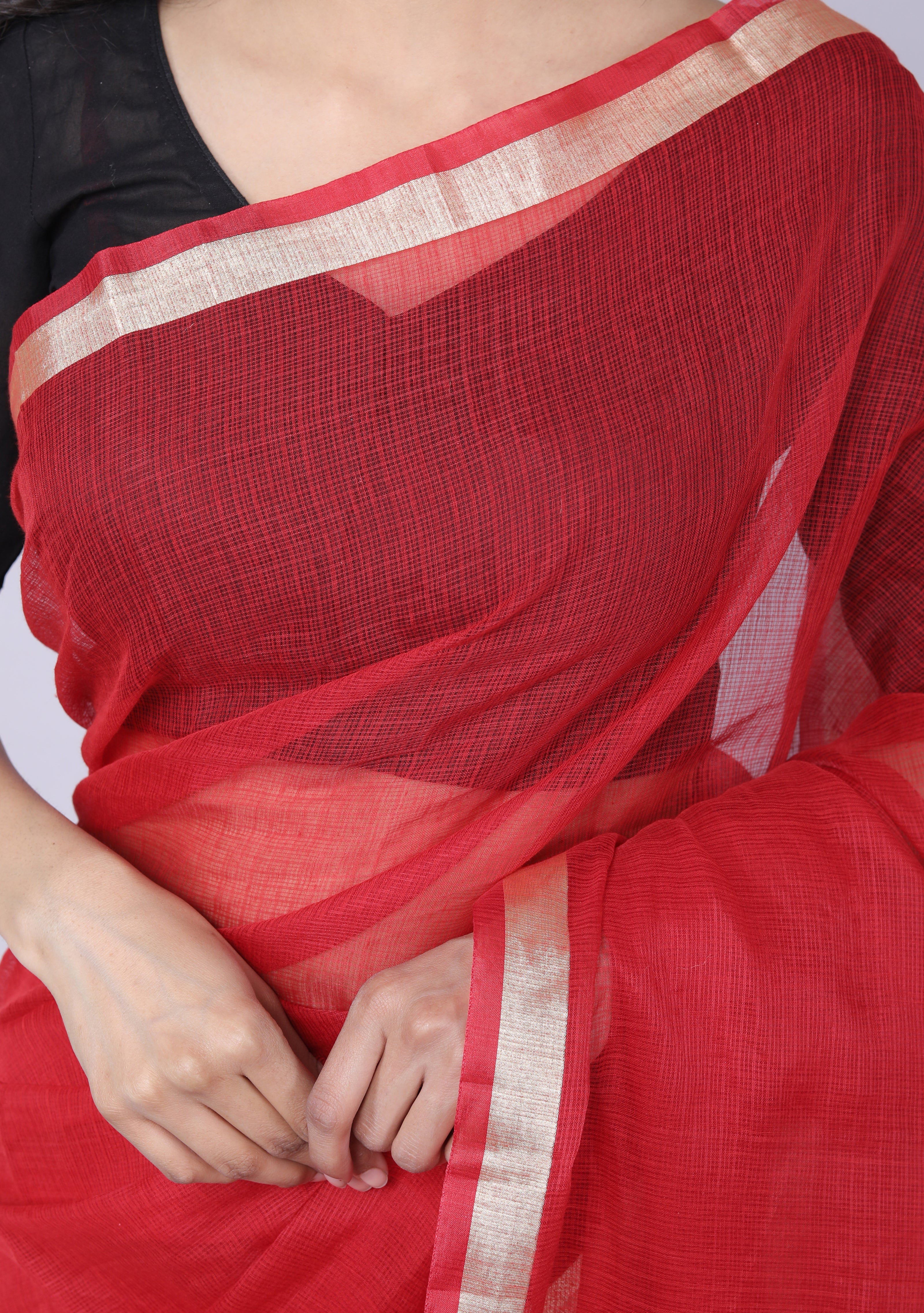RAJGLOBAL Women's Plain Kota Doria Pure Cotton Saree with Unstiched Blouse Piece Red
