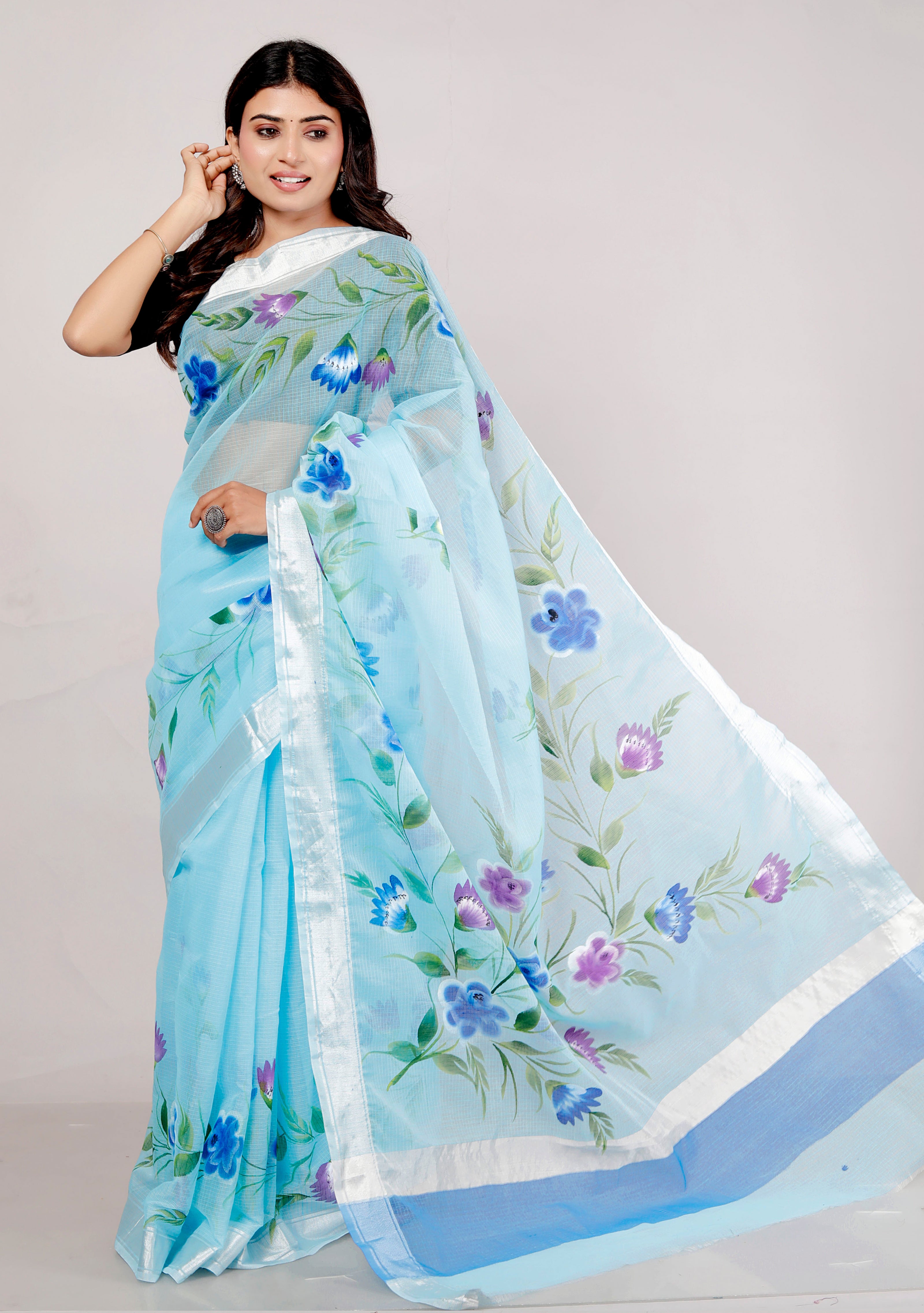 RAJGLOBAL Kota Doria Hand Painting Saree cotton blend_blue (blue)