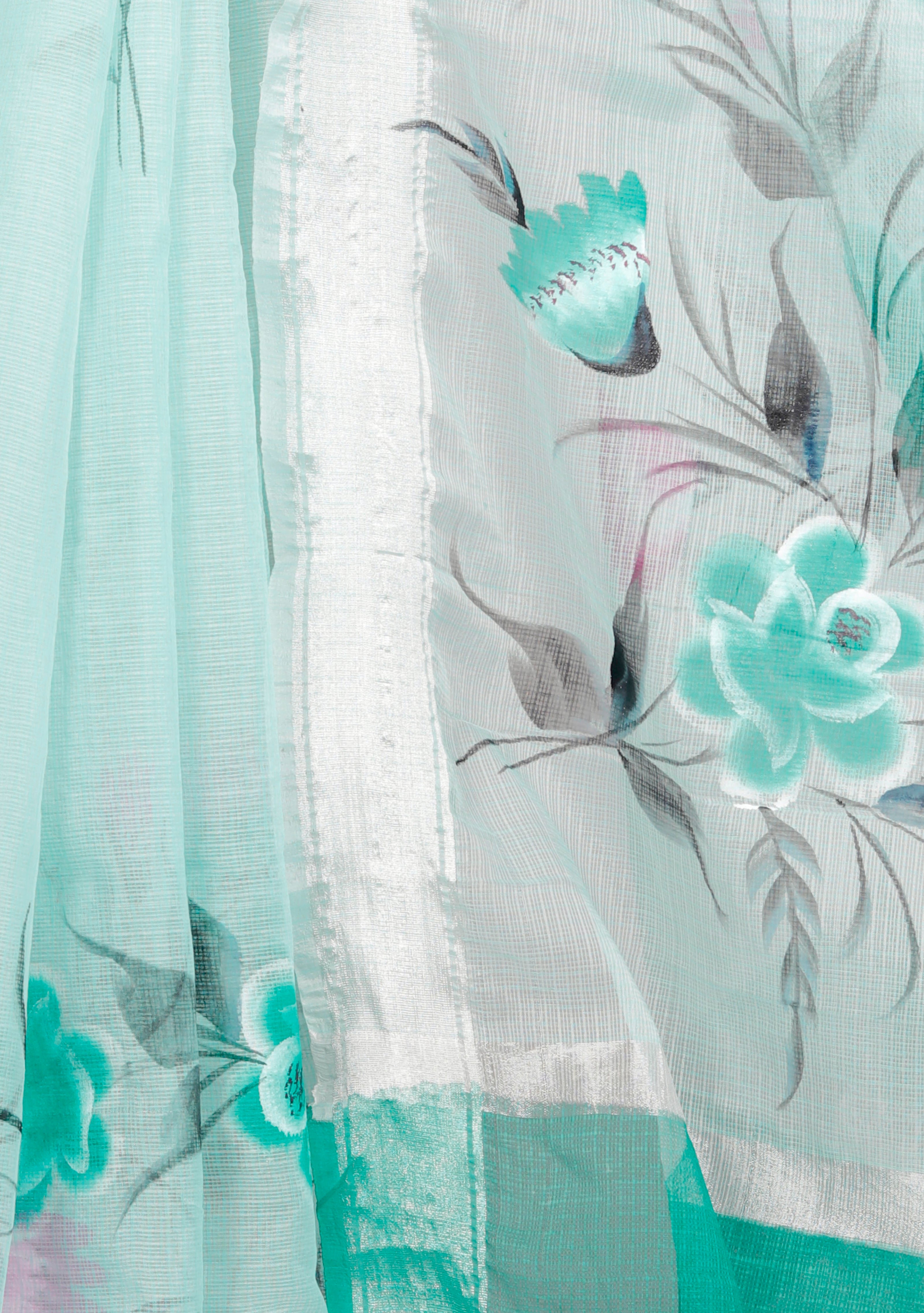 RAJGLOBAL Kota Doria Hand Painting Saree cotton blend_blue (Lavender Green)