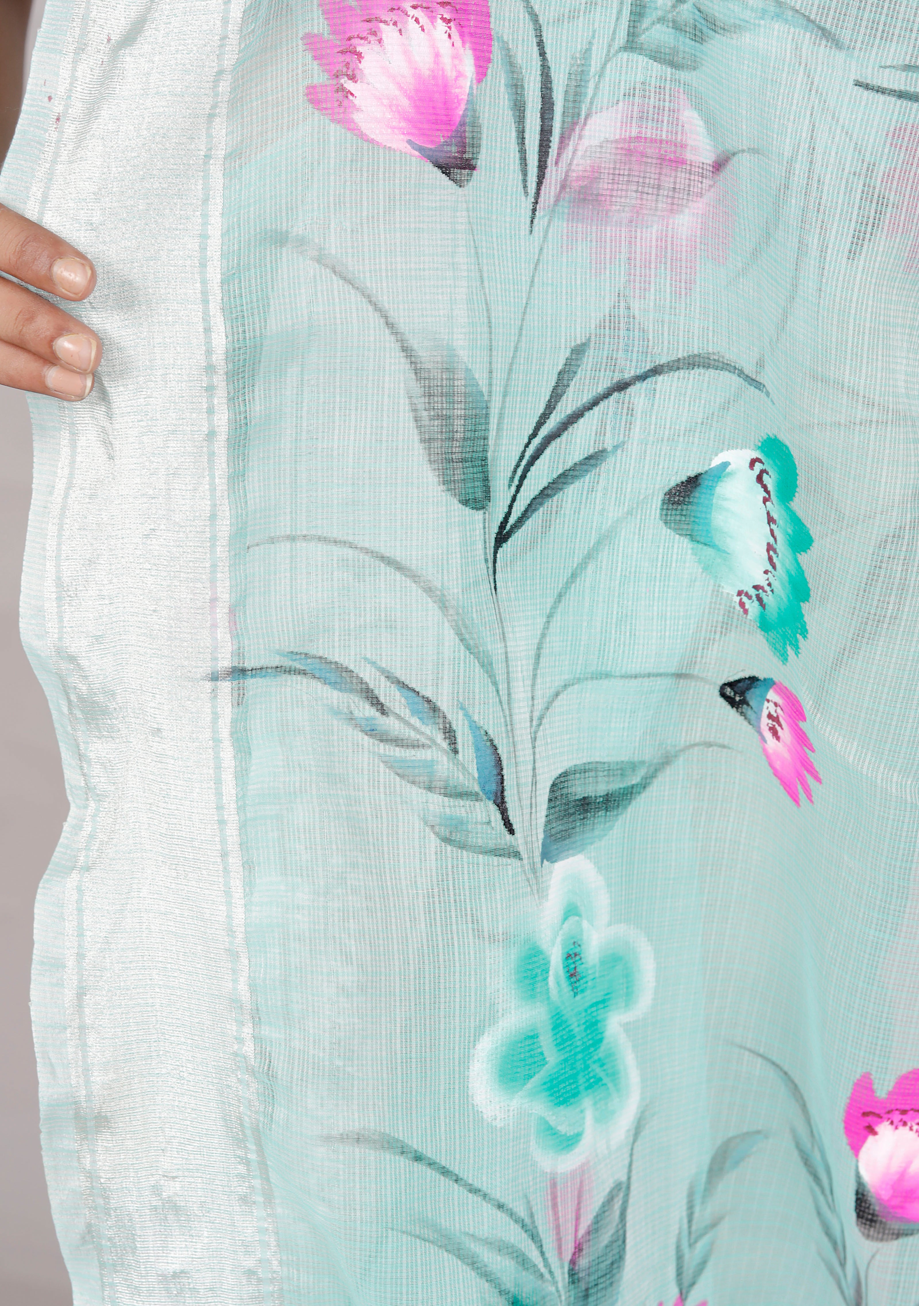 RAJGLOBAL Kota Doria Hand Painting Saree cotton blend_blue (Lavender Green)