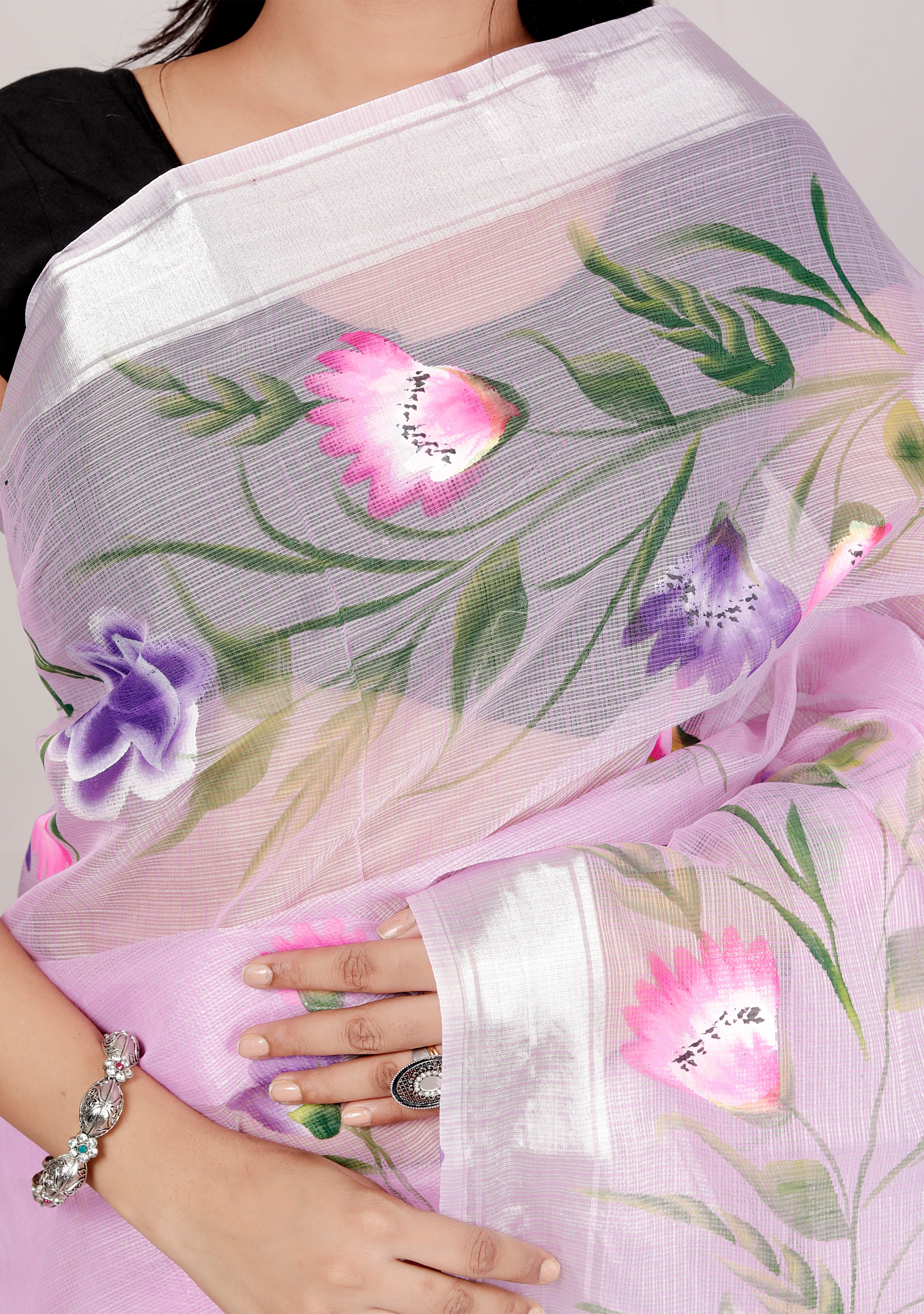 RAJGLOBAL Kota Doria Hand Painting Saree cotton blend_blue (purple)