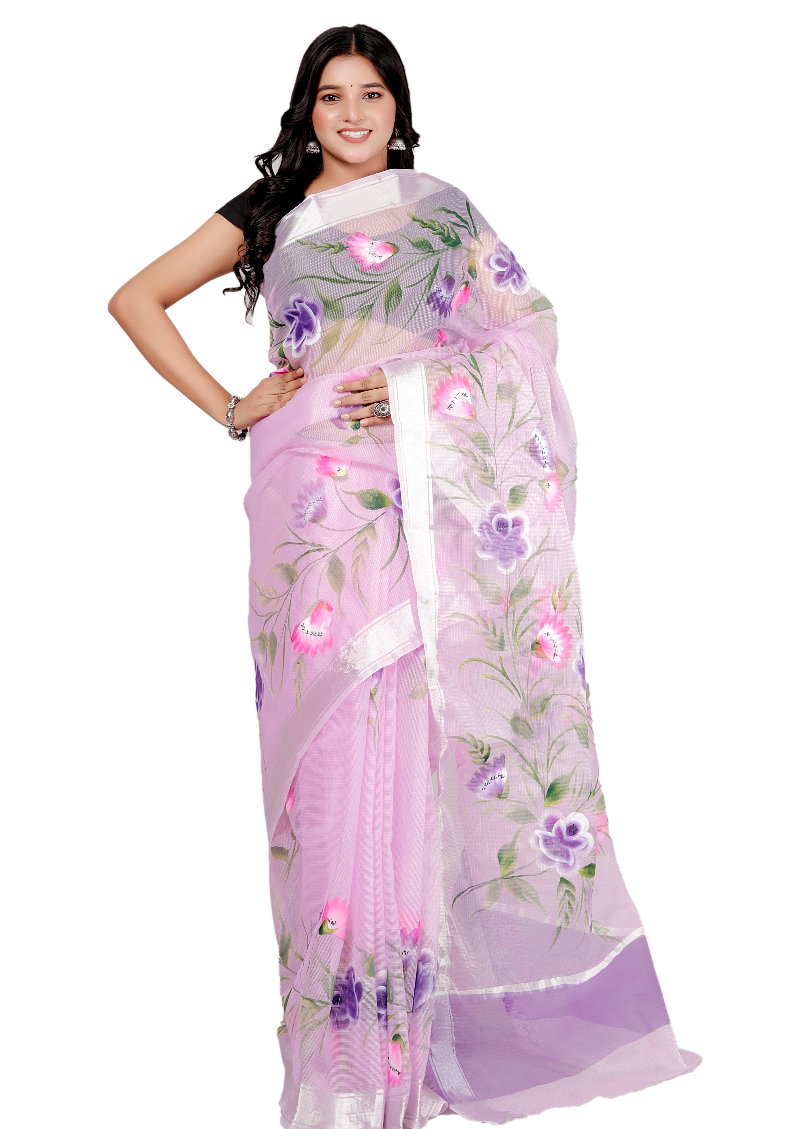 RAJGLOBAL Kota Doria Hand Painting Saree cotton blend_blue (purple)