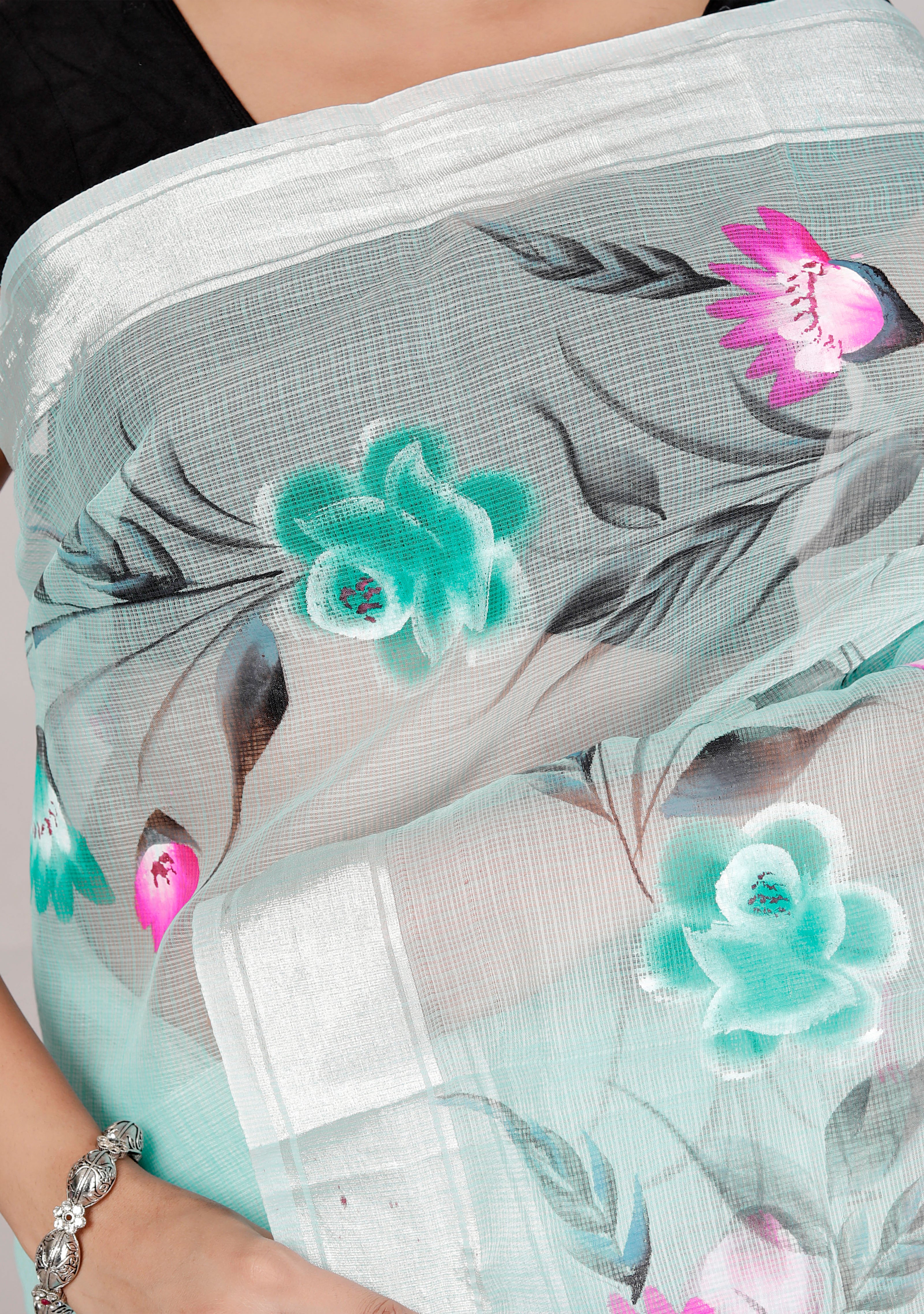 RAJGLOBAL Kota Doria Hand Painting Saree cotton blend_blue (Lavender Green)