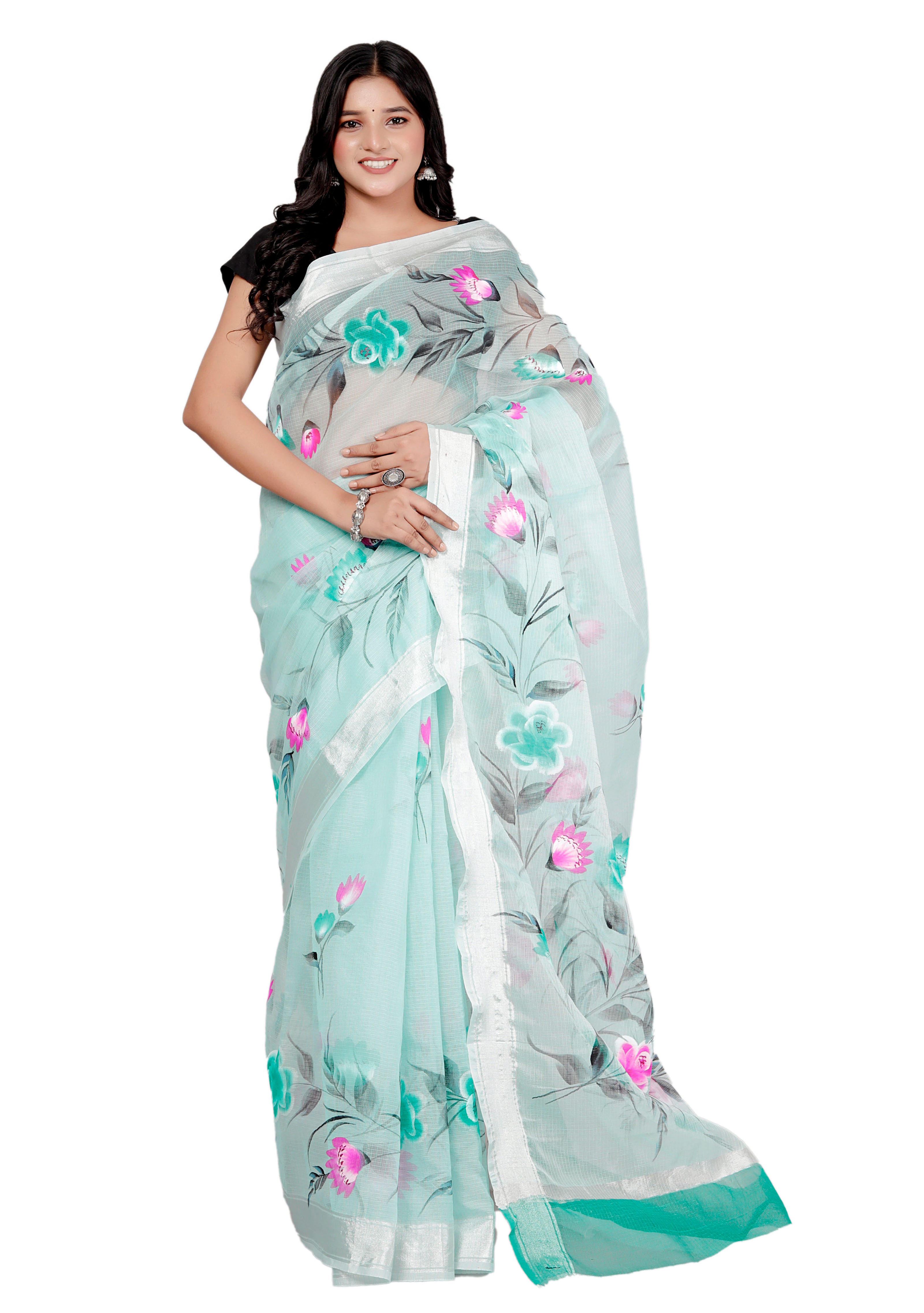 RAJGLOBAL Kota Doria Hand Painting Saree cotton blend_blue (Lavender Green)